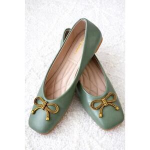 Gumiduo Sage Green Ballet Flats Gold Bow Square Toe Comfort Shoes Women 10.5